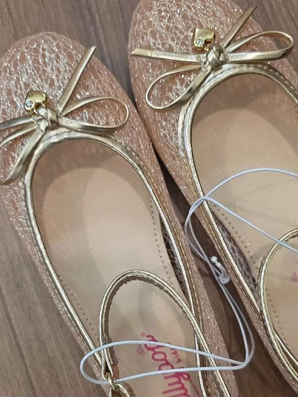 Girl's Shimmery Rose Gold Ballet Flats with Ankle Strap. Size 2.